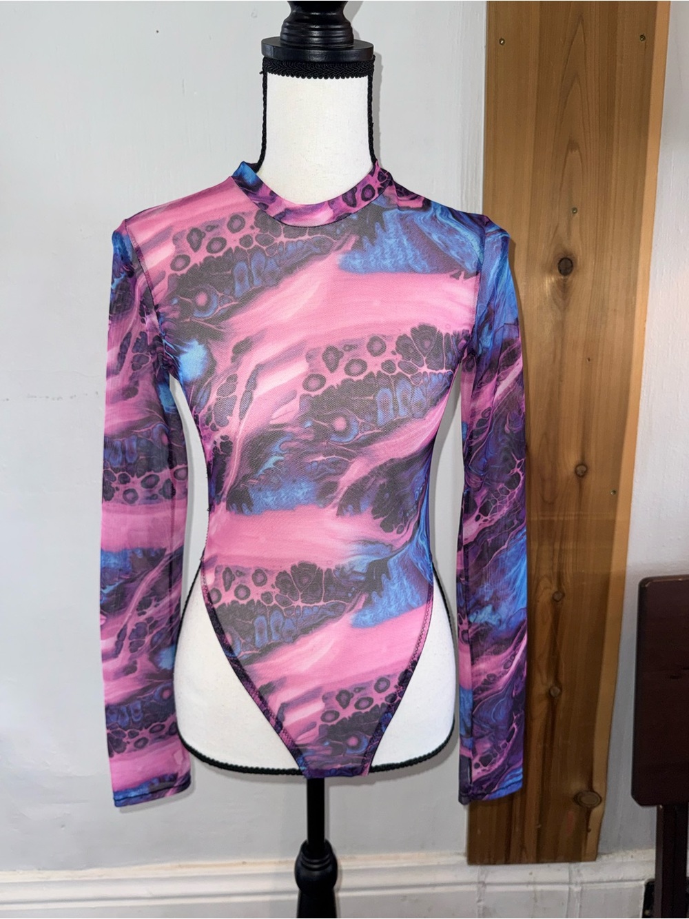 Long-Sleeve Marble Bodysuit with Cheetah Print Accents